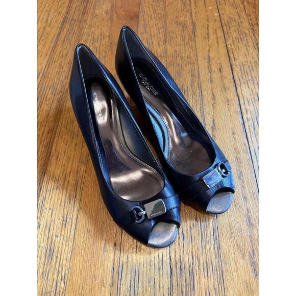 Coach Shoes Womens Size 7.5 Black Wedge Heels Peep Toe Leather Buckle Dress - Picture 1 of 9